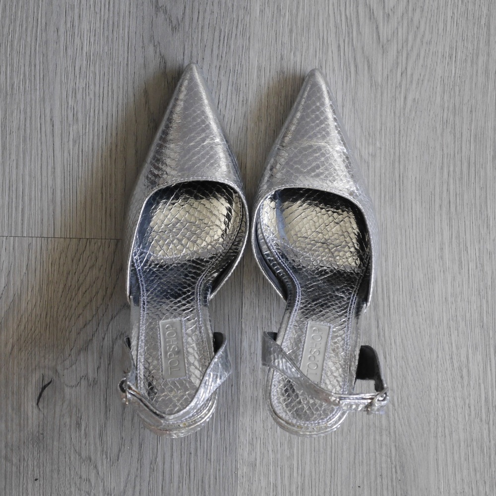 TOPSHOP silver point toe sling back stilettos | size 6.5